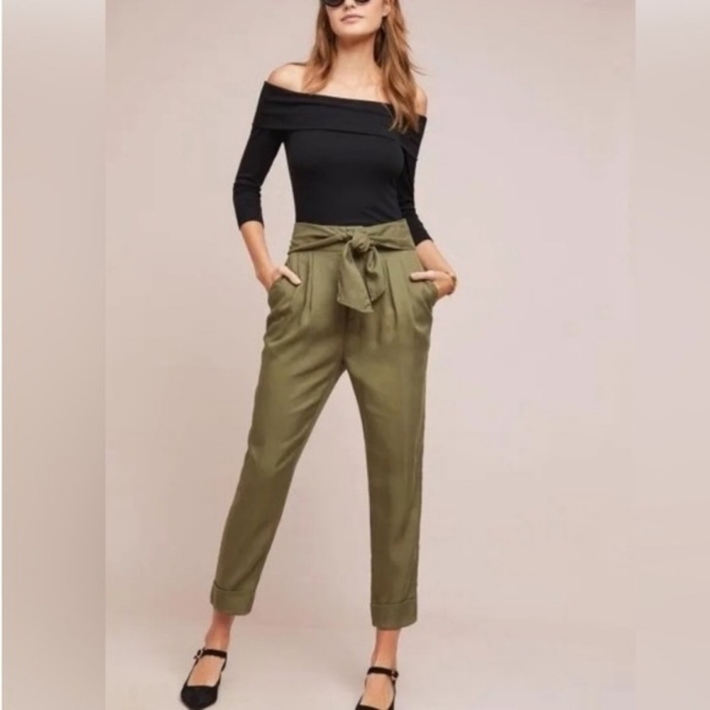 Anthropologie Cartonnier Kingsley Green Moss Tie-Belt Paperbag Trousers